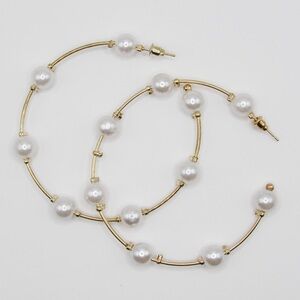 Gold 1.5” Pearl Hoop Statement Earrings - Formal, Bridal, Beach